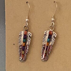 Feather earrings with multi gemstones inlaid.